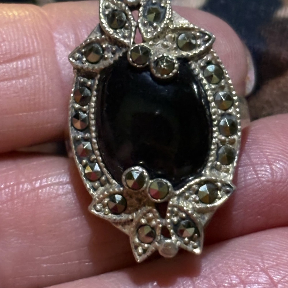 Vintage Inspired Sterling Silver Onyx Marcasite Ring | Art Deco Statement Ring